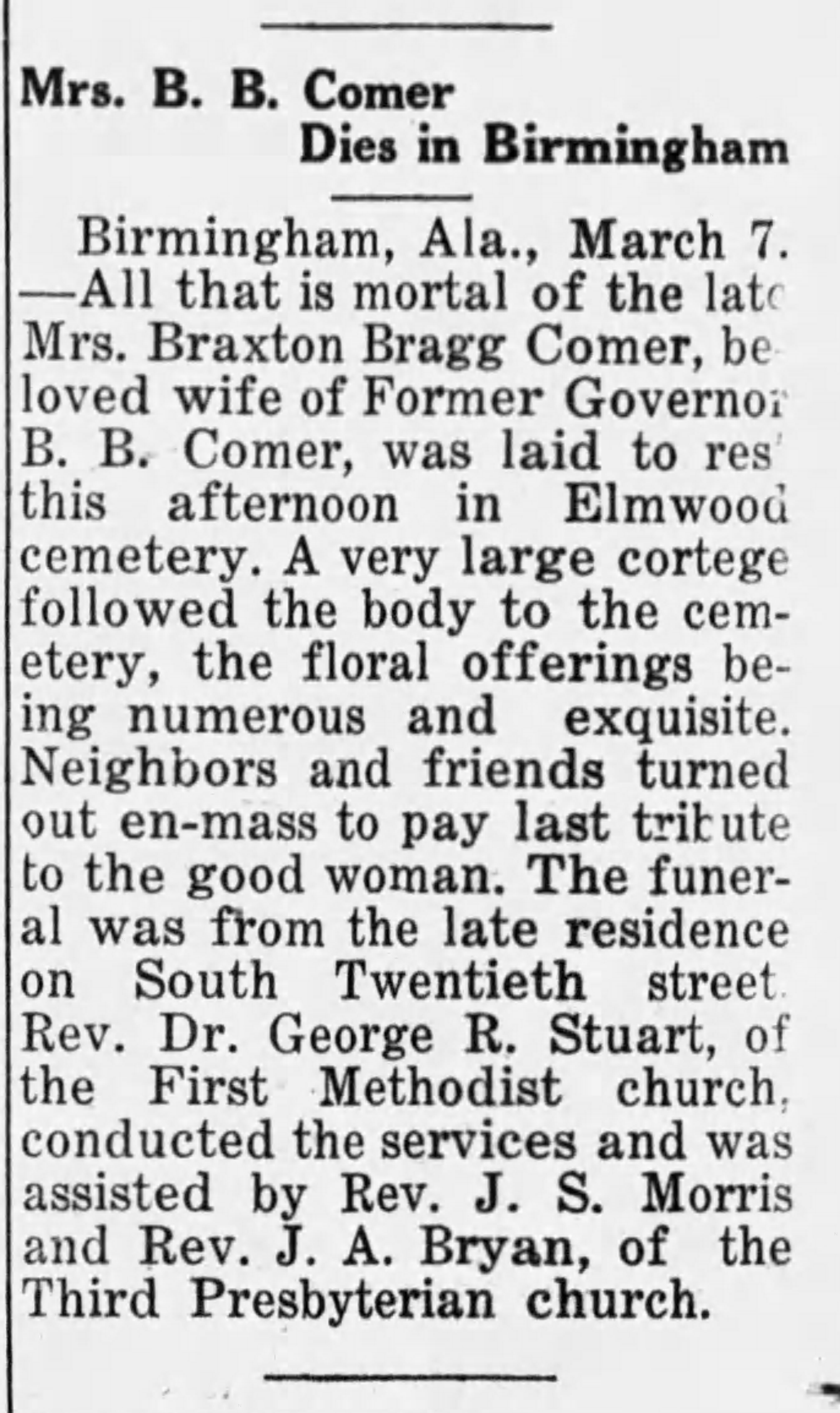 Miss B.B. Comer Dies in Birmingham
